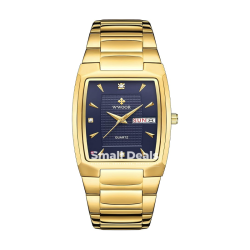 Montre WWOOR Rectangle Classique Dorée – Cadran Bleu – Étanche 5 ATM
